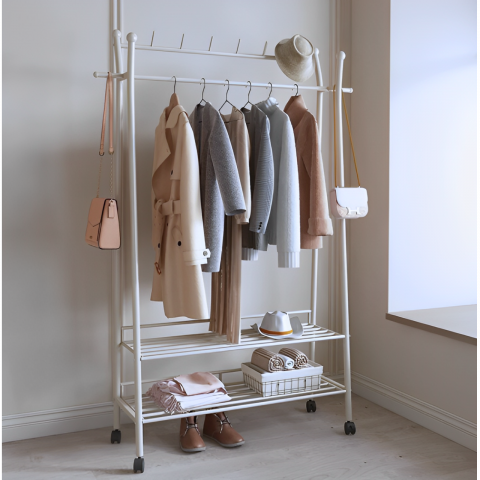 Depozitare si organizare - Cuier cu spatiu pentru umerase, palarii, 2 rafturi, din metal, cu roti, Alb, 80 x 35 x 175 cm