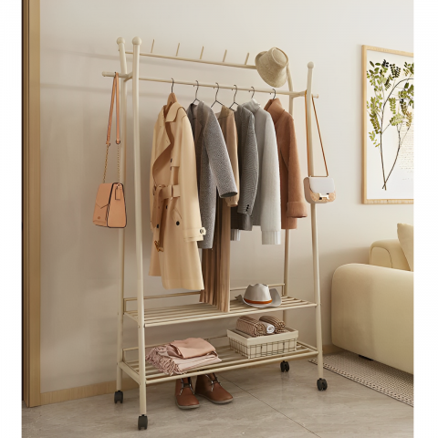 Cuier cu spatiu pentru umerase, palarii, 2 rafturi, din metal, cu roti, Alb, 80 x 35 x 175 cm [3]