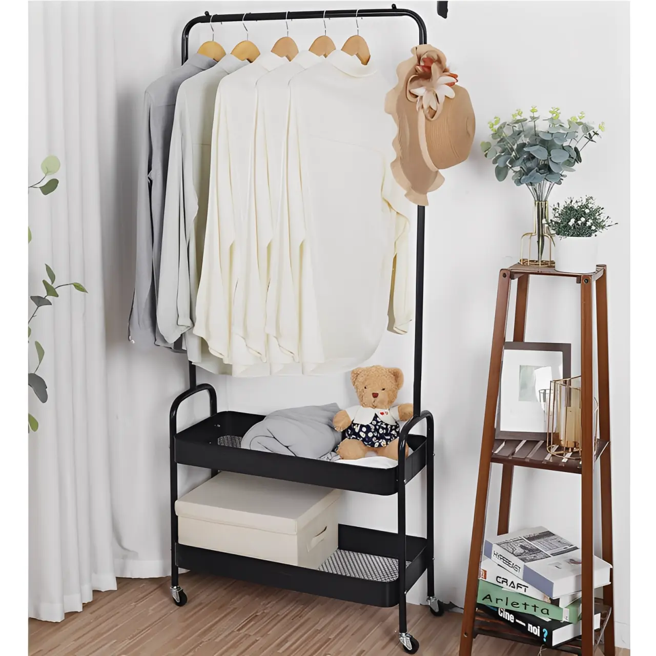 Cuier metalic mobil cu spatiu pentru umerase, 2 compartimente, Negru, 66 x 30 x 160 cm [3]