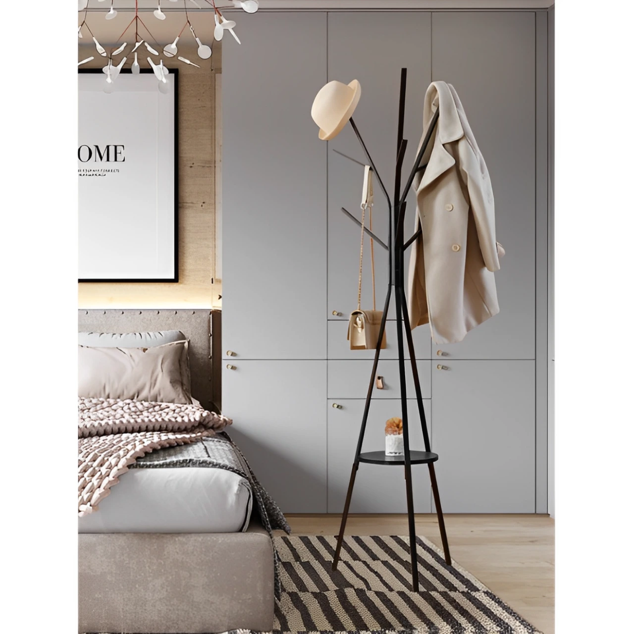 Cuier metalic tip pom, polita din lemn pentru chei si accesorii, Negru, 45 x 180 cm [3]