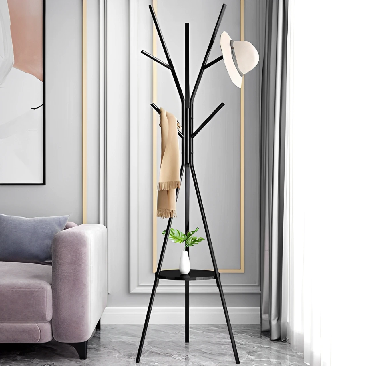 Cuier metalic tip pom, polita din lemn pentru chei si accesorii, Negru, 45 x 180 cm [2]