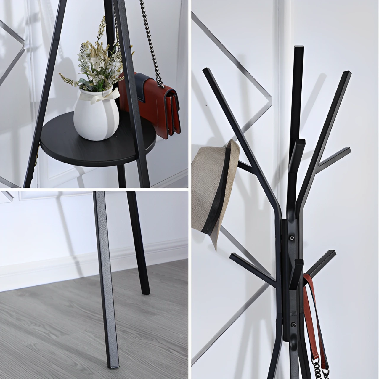 Cuier metalic tip pom, polita din lemn pentru chei si accesorii, Negru, 45 x 180 cm [5]