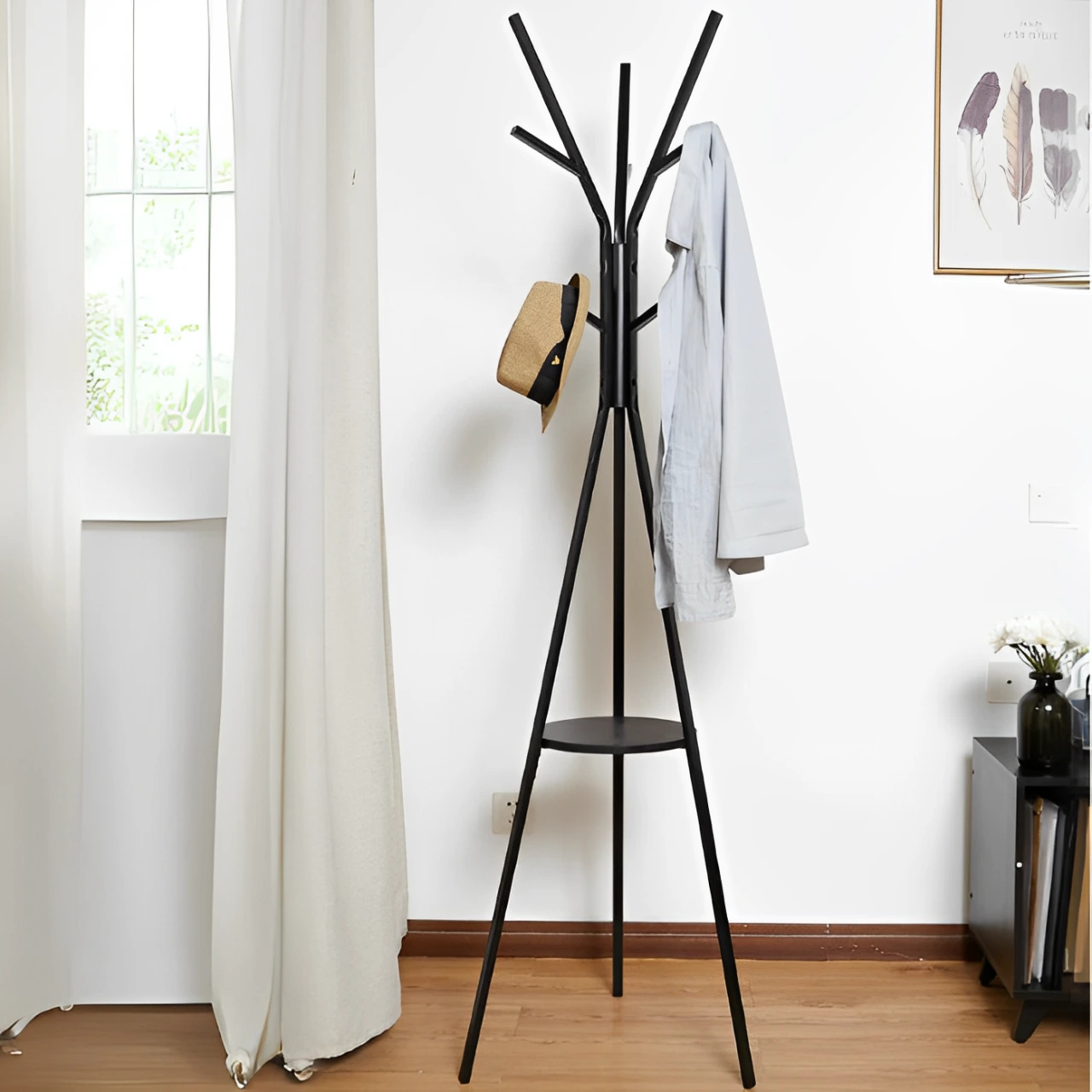 Depozitare si organizare - Cuier metalic tip pom, polita din lemn pentru chei si accesorii, Negru, 45 x 180 cm