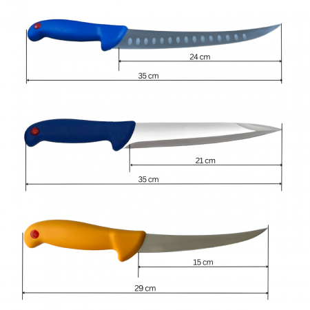 Cutite macelarie 8 piese, set complet cu satar, masat și o pereche de manusi protectie, manere colorate [2]