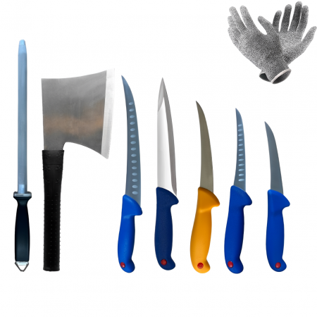 Cutite - Cutite macelarie 8 piese, set complet cu satar, masat și o pereche de manusi protectie, manere colorate