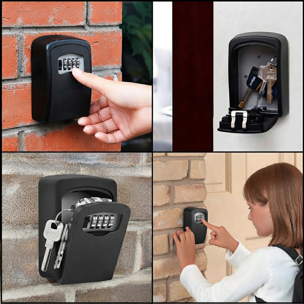 Cutiuta metalica pentru chei, cu cifru, cu montare pe perete, regim Airbnb, hotelier, Negru, 9.6 x 4 x 12 cm [3]