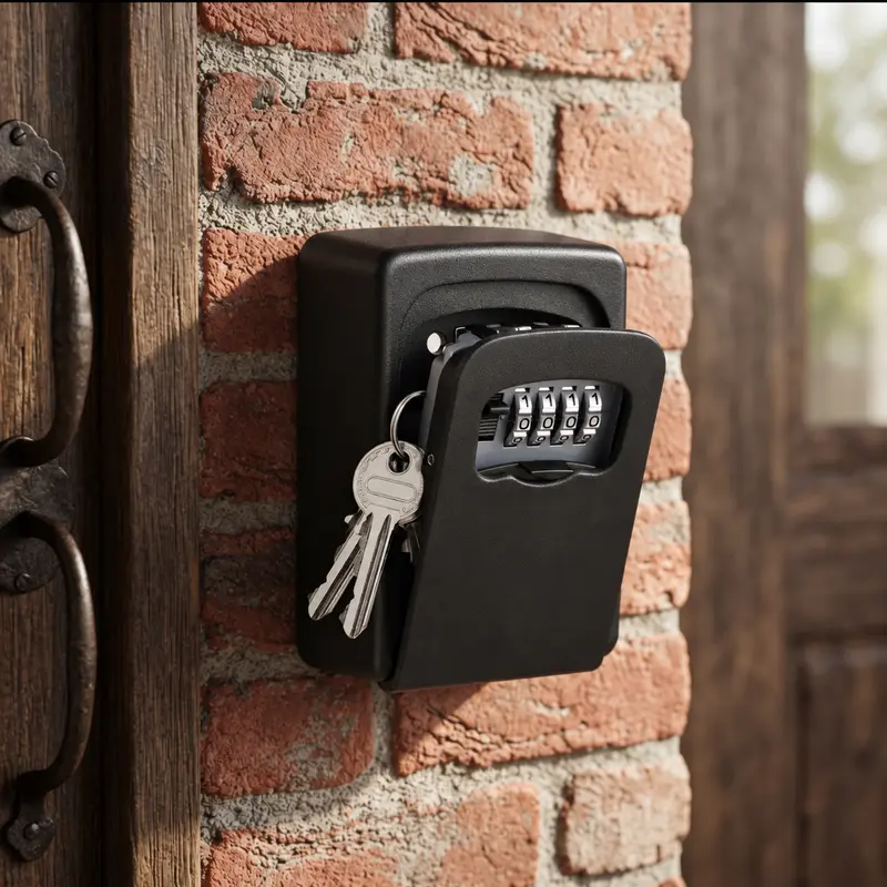 Accesorii - Cutiuta metalica pentru chei, cu cifru, cu montare pe perete, regim Airbnb, hotelier, Negru, 9.6 x 4 x 12 cm