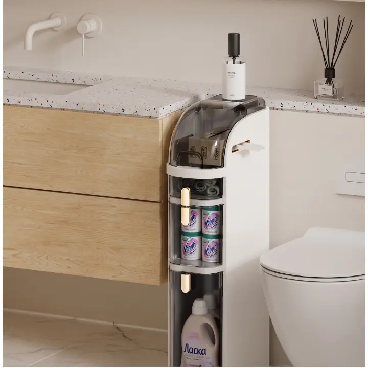 Dulap organizator, cu sertare, manere aurii, din plastic, pentru spatii inguste, Alb/Gri, 16 x 36 x 78 cm [0]