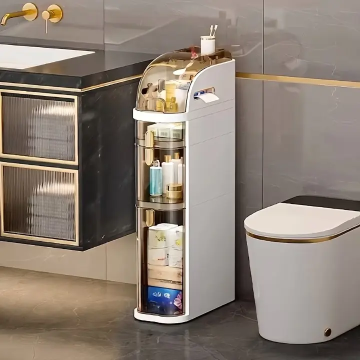 Baie - Dulap organizator, cu sertare, manere aurii, din plastic, pentru spatii inguste, Alb/Gri, 16 x 36 x 78 cm