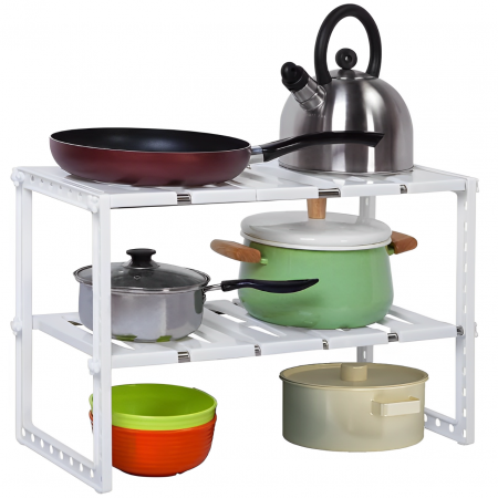 Etajera bucatarie cu 2 rafturi, extensibile, pentru depozitare, Alb,  50-70 x 26 x 38 cm [2]