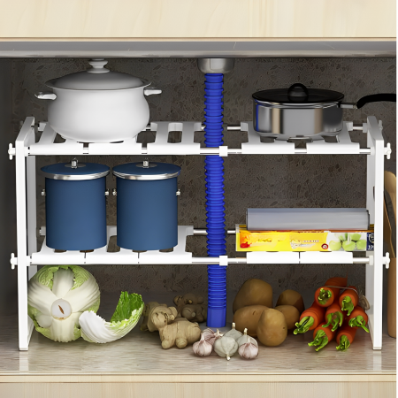 Etajera bucatarie cu 2 rafturi, extensibile, pentru depozitare, Alb,  50-70 x 26 x 38 cm [1]