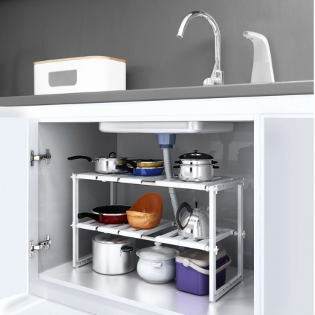 Etajera bucatarie cu 2 rafturi, extensibile, pentru depozitare, Alb,  50-70 x 26 x 38 cm