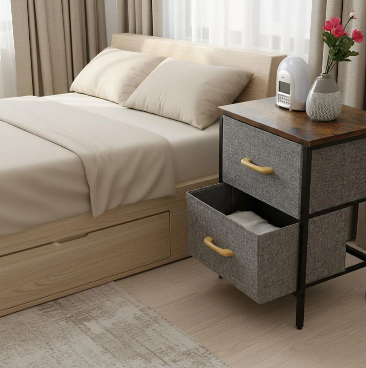Etajera compacta, 2 sertare textile, 1 polita MDF, organizator multifuncțional, pentru living, dormitor, hol, dressing, Negru/Gri, 40 x 30 x 54 cm [2]