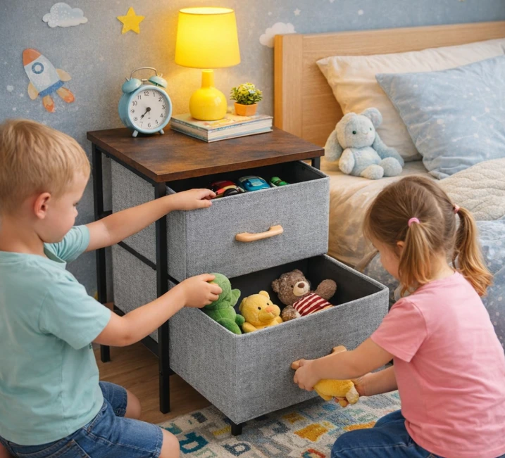 Etajera compacta, 2 sertare textile, 1 polita MDF, organizator multifuncțional, pentru living, dormitor, hol, dressing, Negru/Gri, 40 x 30 x 54 cm [5]
