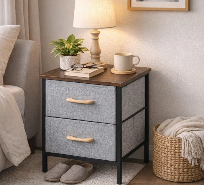 Etajera compacta, 2 sertare textile, 1 polita MDF, organizator multifuncțional, pentru living, dormitor, hol, dressing, Negru/Gri, 40 x 30 x 54 cm