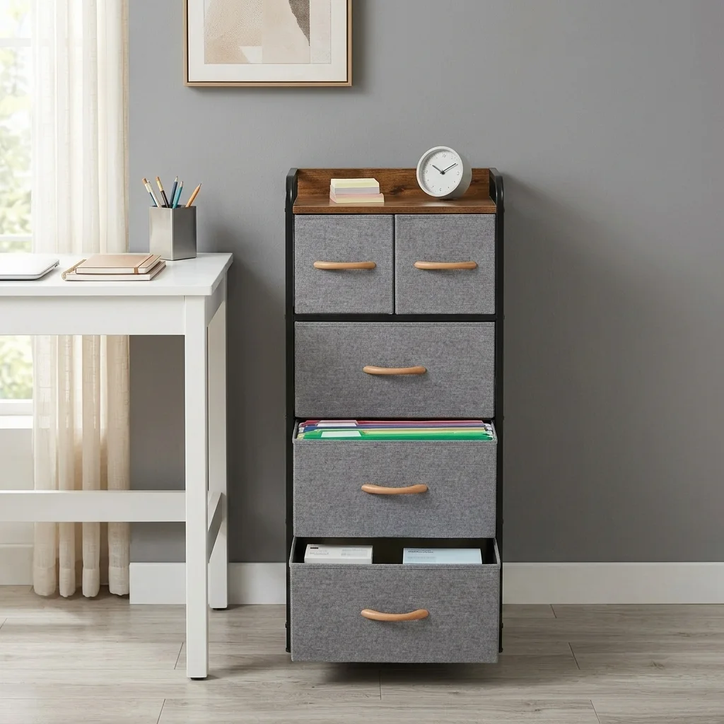 Etajera compacta, 5 sertare textile, marimi diferite, 1 polita MDF, organizator multifuncțional, pentru living, dormitor, hol, dressing, Negru/Gri, 43 x 30 x 102.5 cm