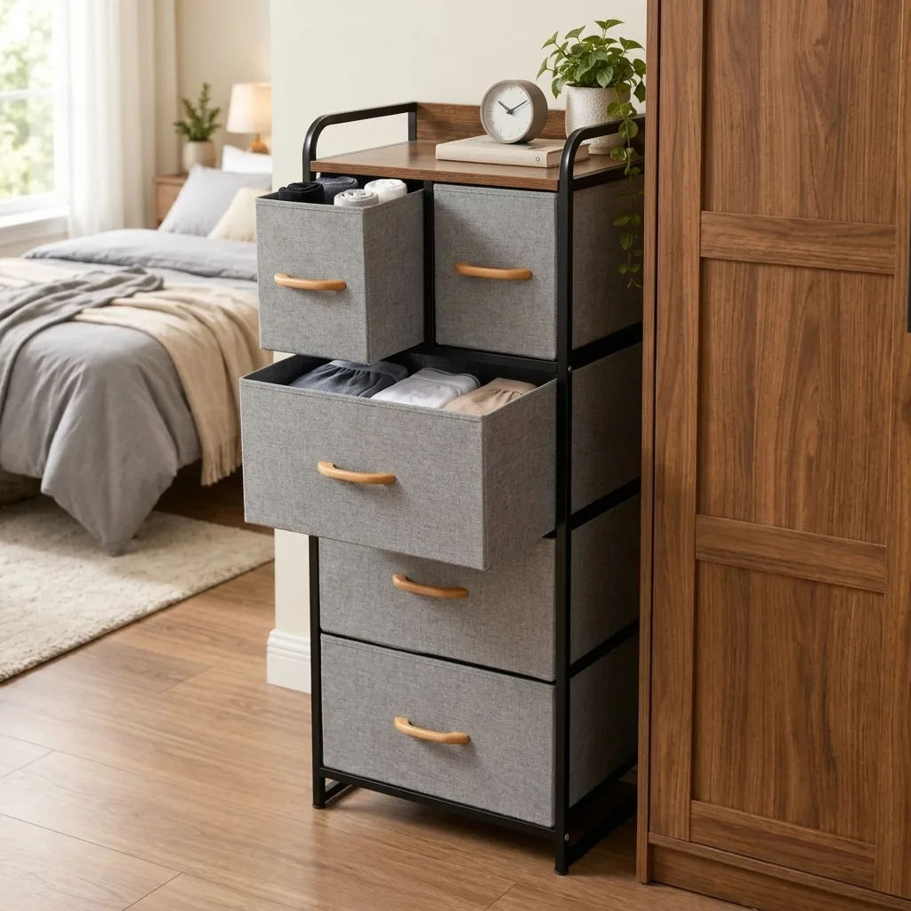 Etajera compacta, 5 sertare textile, marimi diferite, 1 polita MDF, organizator multifuncțional, pentru living, dormitor, hol, dressing, Negru/Gri, 43 x 30 x 102.5 cm [1]