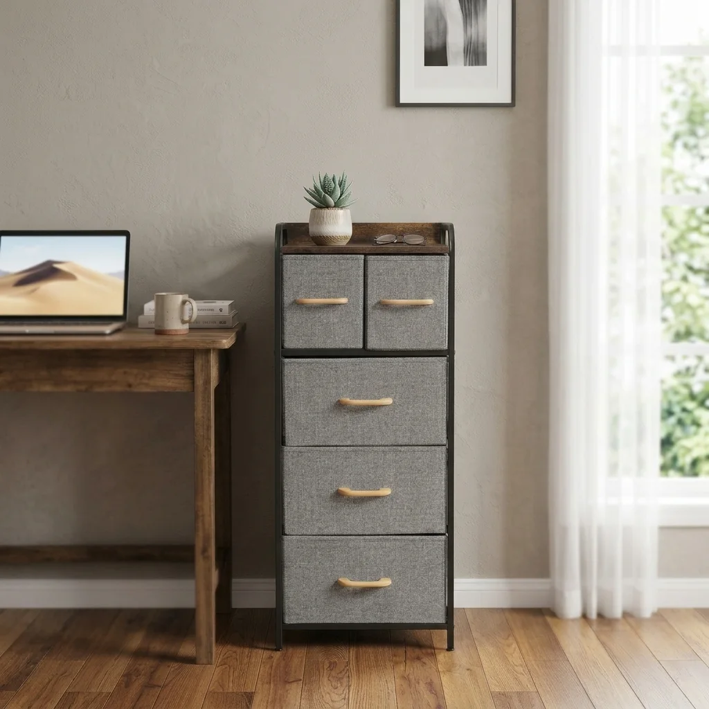 Etajera compacta, 5 sertare textile, marimi diferite, 1 polita MDF, organizator multifuncțional, pentru living, dormitor, hol, dressing, Negru/Gri, 43 x 30 x 102.5 cm [4]