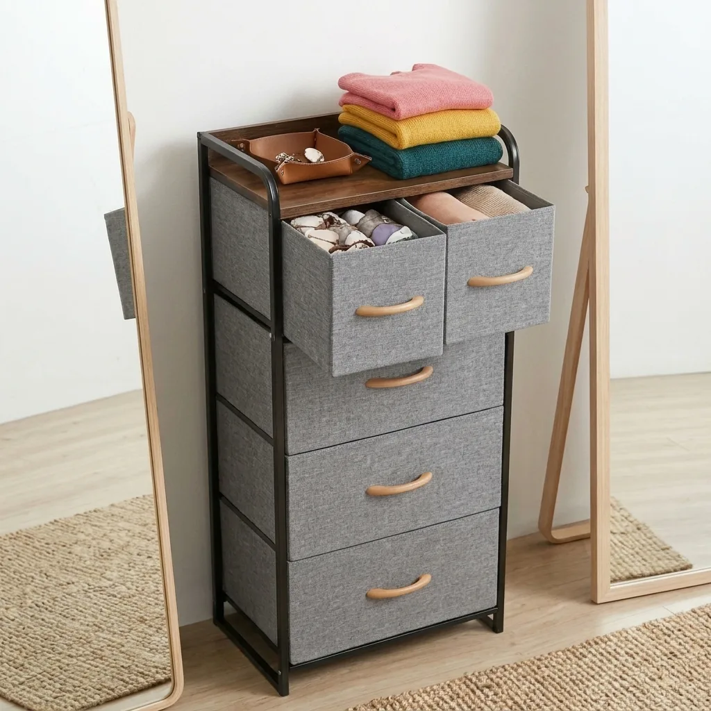 Etajera compacta, 5 sertare textile, marimi diferite, 1 polita MDF, organizator multifuncțional, pentru living, dormitor, hol, dressing, Negru/Gri, 43 x 30 x 102.5 cm [5]
