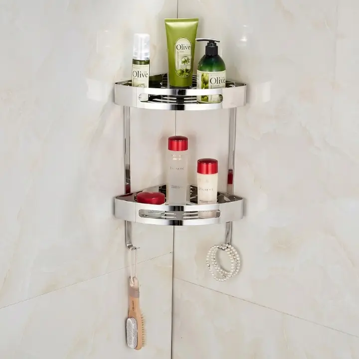 Etajera de colt pentru baie, 2 rafturi, prindere in perete, din inox, organizare baie, Argintiu, 29.5 x 22 x 40 cm [2]