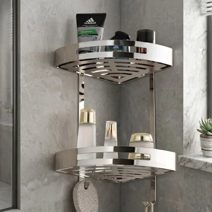 Baie - Etajera de colt pentru baie, 2 rafturi, prindere in perete, din inox, organizare baie, Argintiu, 29.5 x 22 x 40 cm