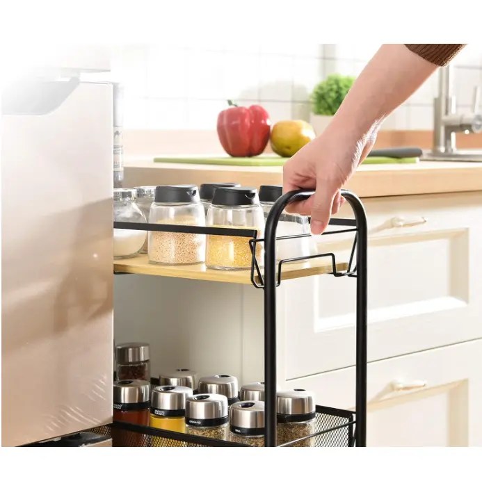 Etajera metalica cu roti, 3 rafturi, o polita din MDF, Negru, 44 x 25 x 83 cm [5]