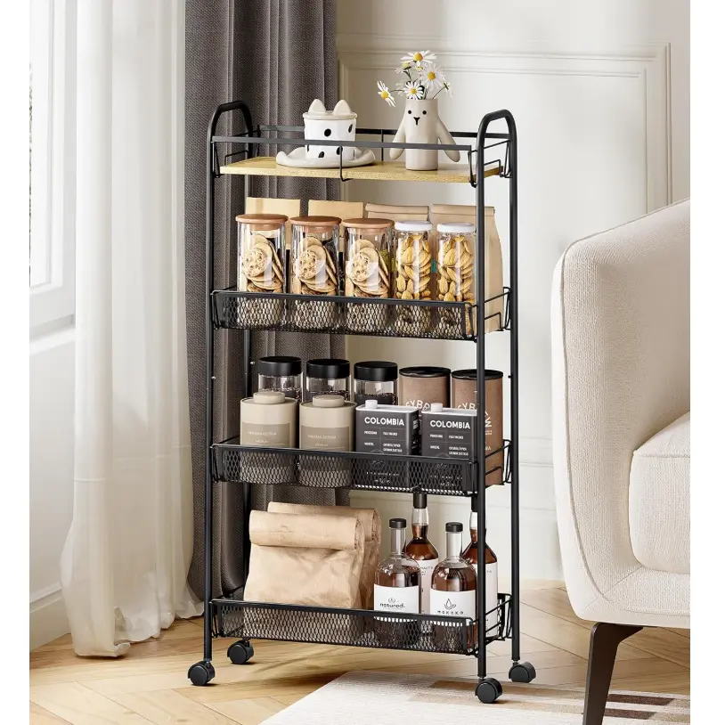 Etajera metalica cu roti, 3 rafturi, o polita din MDF, Negru, 44 x 25 x 83 cm [2]