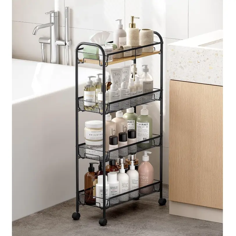 Etajera metalica cu roti, 3 rafturi, o polita din MDF, Negru, 44 x 25 x 83 cm [1]