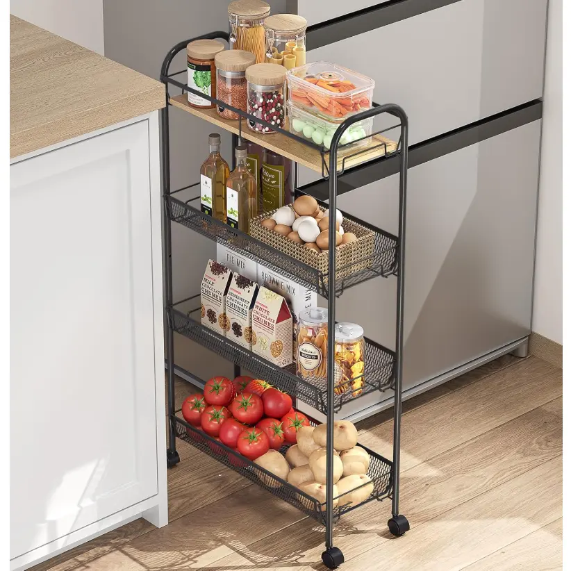 Etajera metalica cu roti, 3 rafturi, o polita din MDF, Negru, 44 x 25 x 83 cm [0]