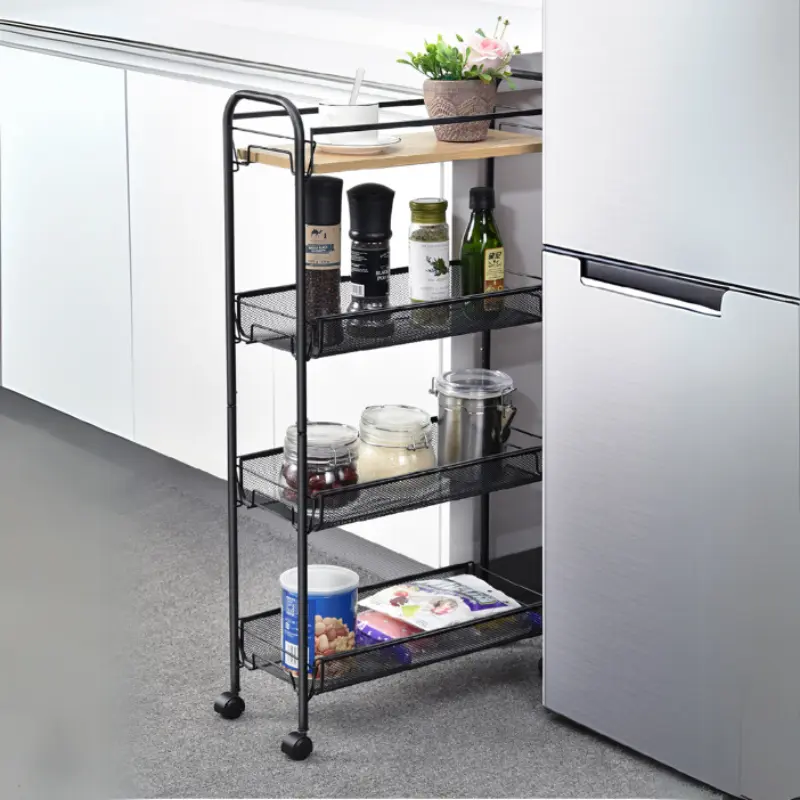 Etajera metalica cu roti, 3 rafturi, o polita din MDF, Negru, 44 x 25 x 83 cm [4]