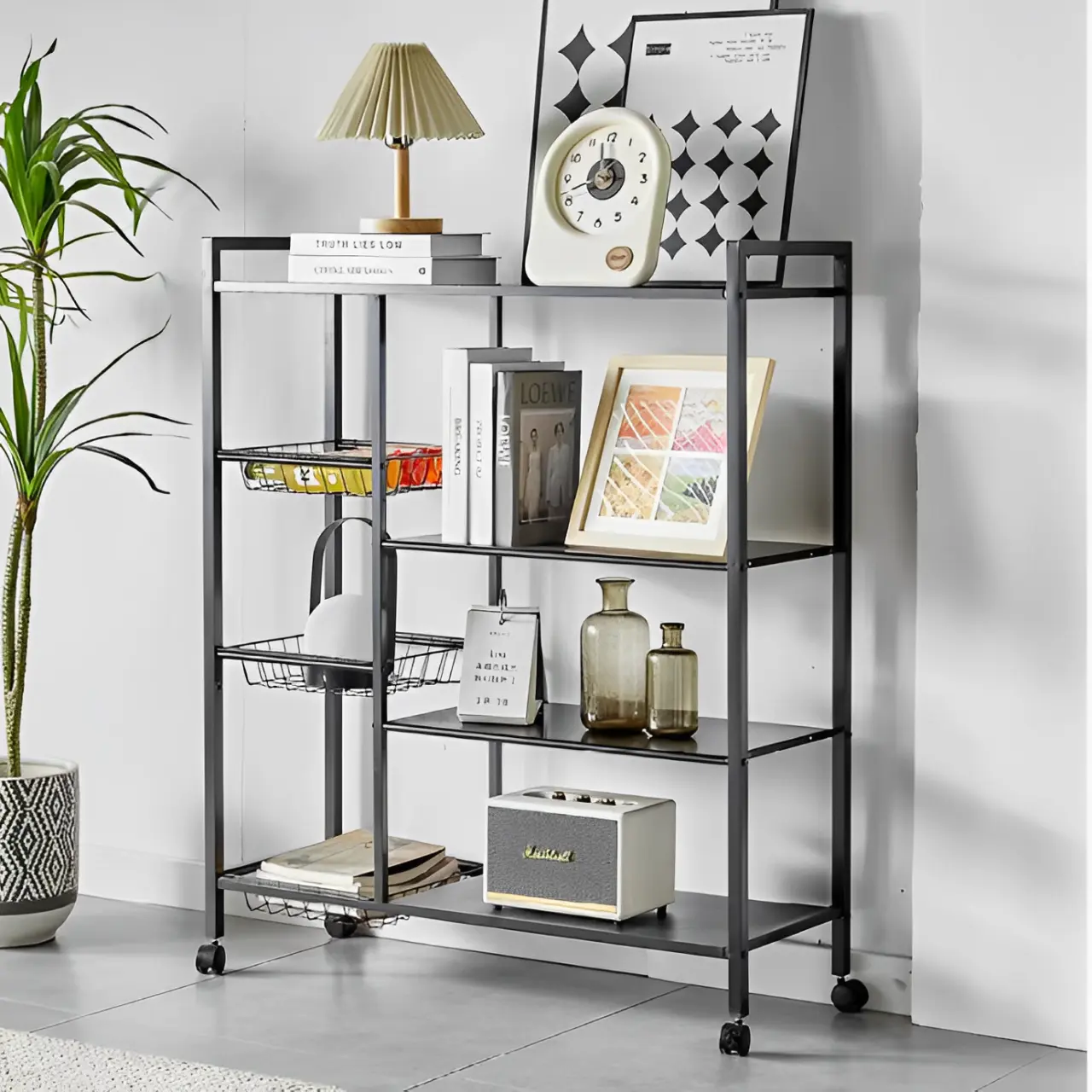 Etajera metalica mobila cu 4 cosuri, 4 rafturi, Negru, 90 x 32 x 108 cm [3]