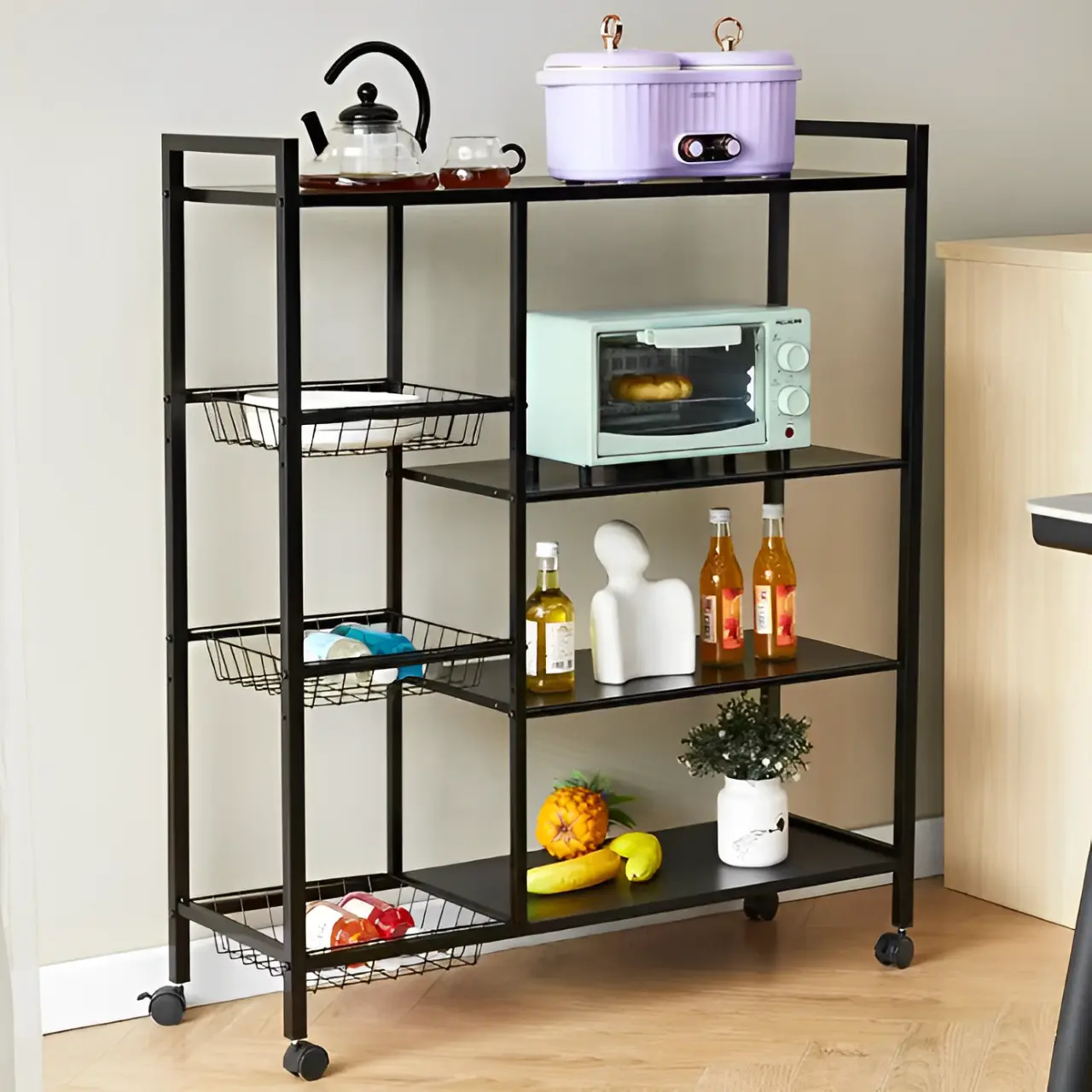 Etajera metalica mobila cu 4 cosuri, 4 rafturi, Negru, 90 x 32 x 108 cm