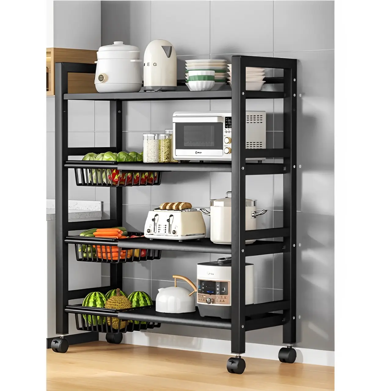 Etajera metalica mobila cu 4 cosuri, 4 rafturi, Negru, 90 x 32 x 108 cm [4]