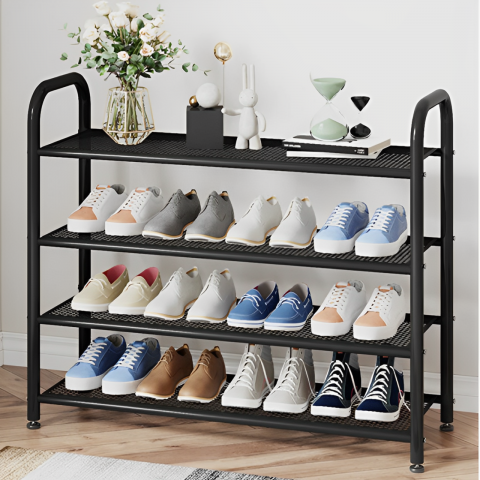 Etajera metalica pentru organizarea pantofilor, cu 4 rafturi, Negru, 63 x 25 x 73 cm