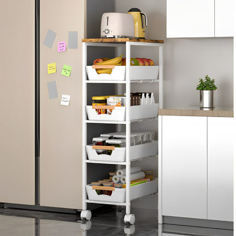 Etajera mobila cu 4 rafturi glisante, blat din MDF, Alb/Maro, 23.5 x 38 x 81.5 cm [1]