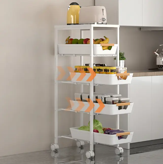 Etajera mobila cu 4 rafturi glisante, blat din MDF, Alb/Maro, 23.5 x 38 x 81.5 cm