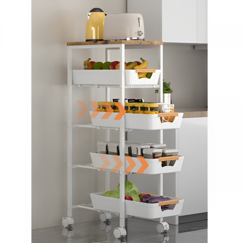 Organizare - Etajera mobila cu 4 rafturi glisante, blat din MDF, Alb/Maro, 23.5 x 38 x 81.5 cm