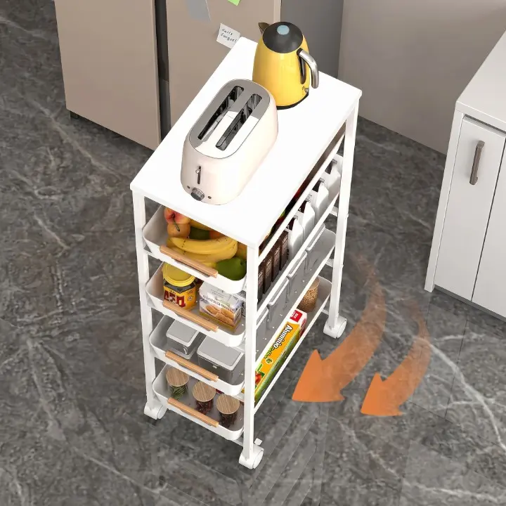 Etajera mobila cu 4 rafturi glisante, blat din MDF, Alb/Maro, 23.5 x 38 x 81.5 cm [3]