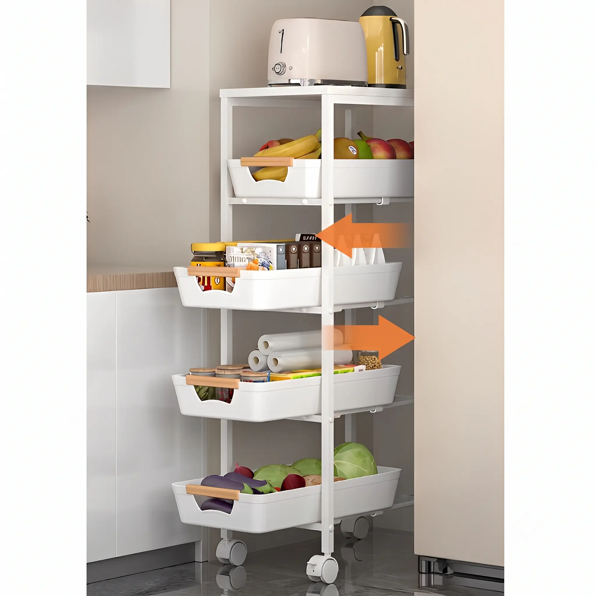 Etajera mobila cu 4 rafturi glisante, blat din MDF, Alb/Maro, 23.5 x 38 x 81.5 cm [2]
