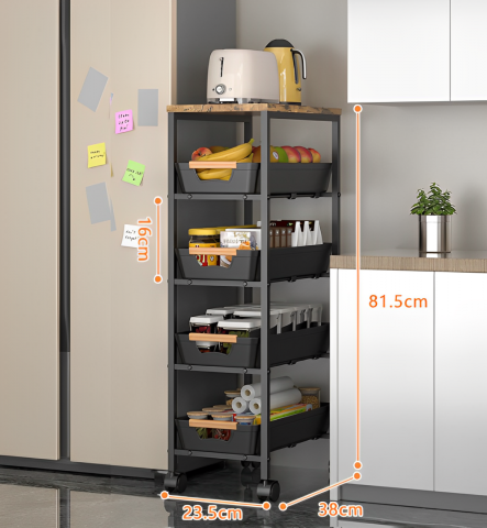 Organizare - Etajera mobila cu 4 rafturi glisante, blat din MDF, Negru/Maro, 23.5 x 38 x 81.5 cm