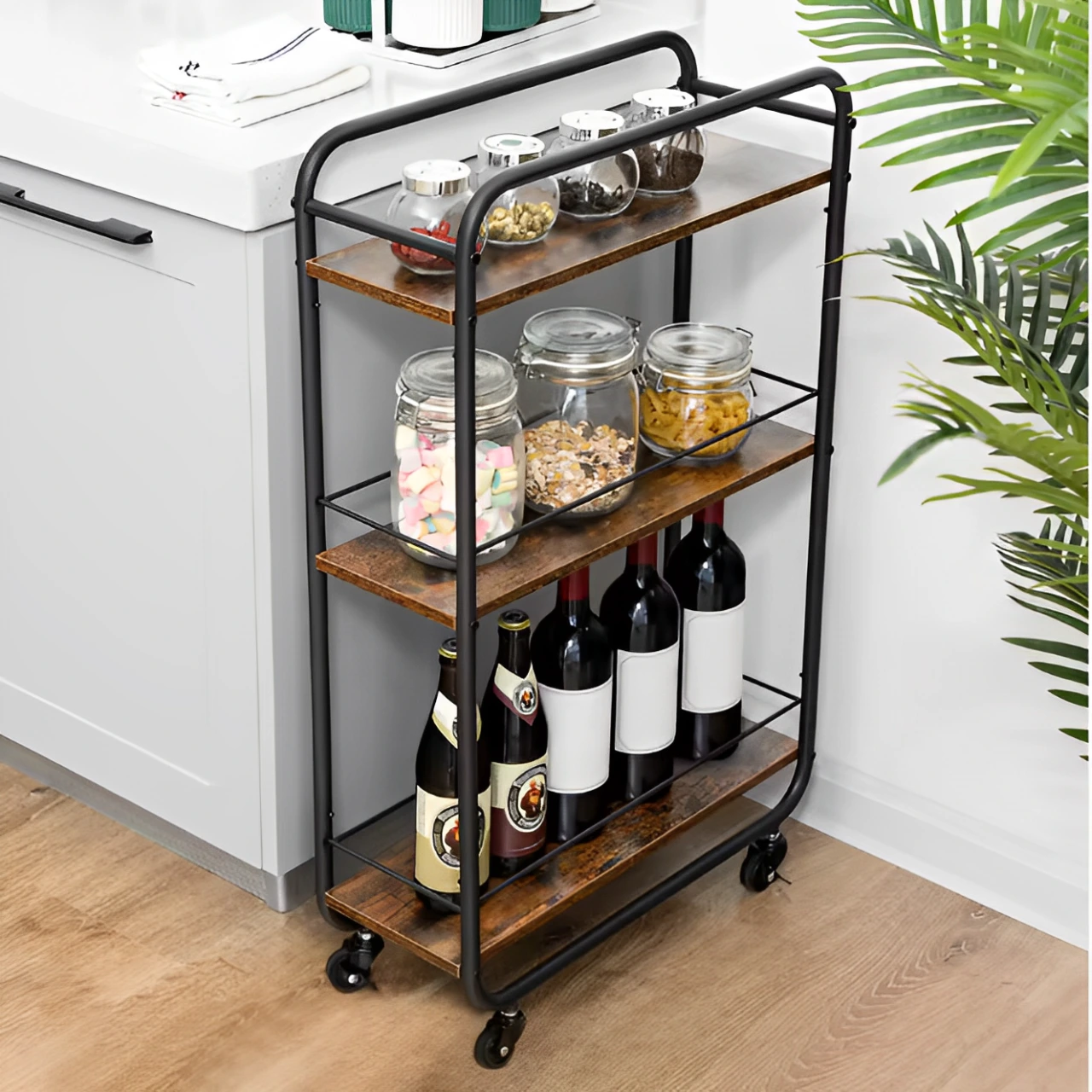 Organizare - Etajera mobila, din metal, cu 3 rafturi din MDF, Negru/Maro, 50 x 19 x 81 cm