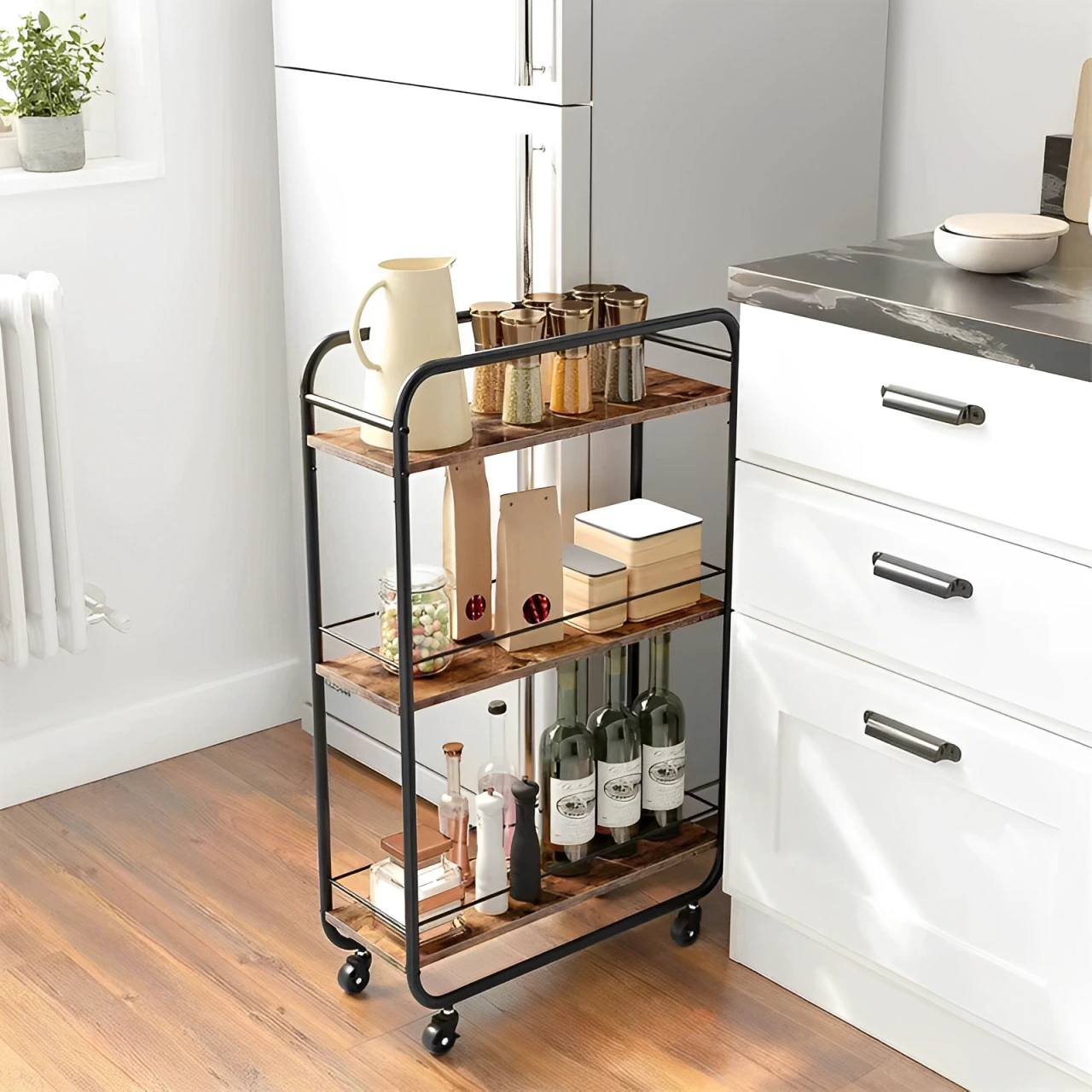 Etajera mobila, din metal, cu 3 rafturi din MDF, Negru/Maro, 50 x 19 x 81 cm [2]