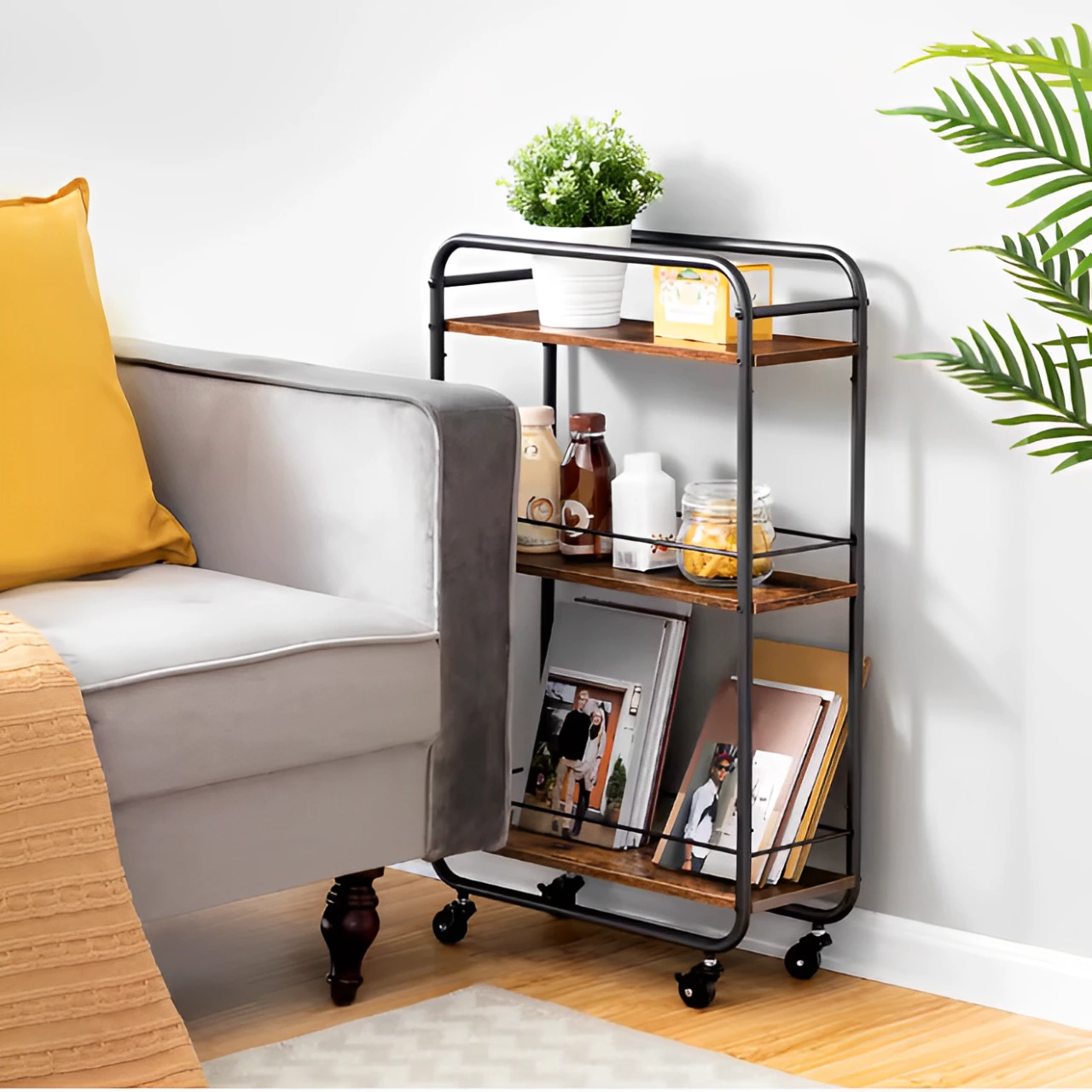 Etajera mobila, din metal, cu 3 rafturi din MDF, Negru/Maro, 50 x 19 x 81 cm [4]