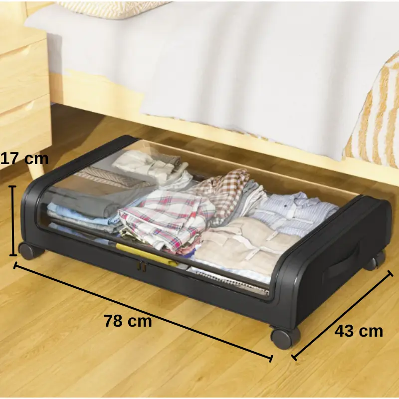 Husa pentru depozitare, pentru lenjerii, incaltaminte, diverse obiecte, cu roti, compartiment transparent, depozitare sub pat, canapea, in dulap, Negru, 78 x 43 x 17 cm [5]