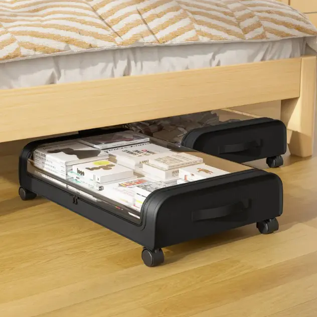 Cutii - Husa pentru depozitare, pentru lenjerii, incaltaminte, diverse obiecte, cu roti, compartiment transparent, depozitare sub pat, canapea, in dulap, Negru, 78 x 43 x 17 cm
