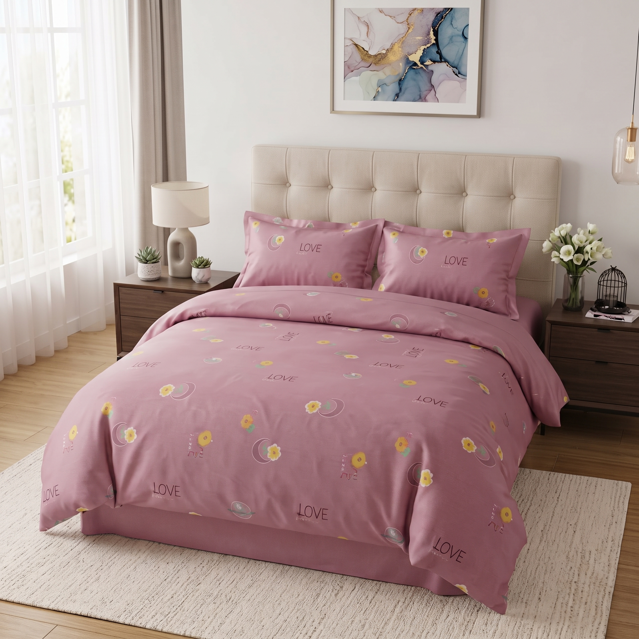 Decoratiuni - Lenjerie de pat, din finet, cu elastic, pentru 2 persoane, cu model, Roz, 4 piese