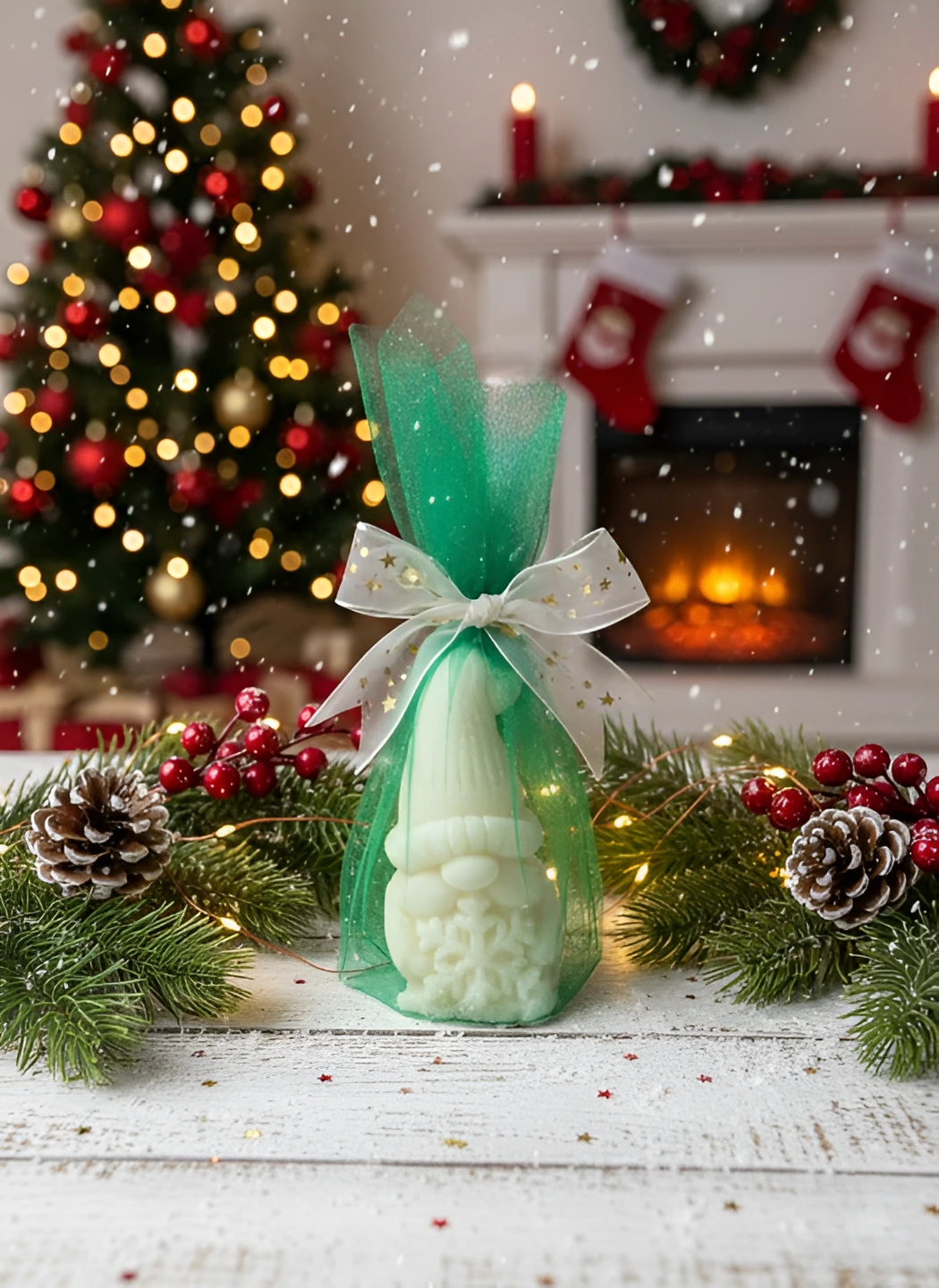 Lumanari parfumate si figurine ceramica - Lumanare parfumata Spiridus, HANDMADE, ceara naturala din soia, fitil din bumbac, in tul, 7.5 cm