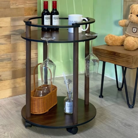 Masă de cafea rotunda, 2 blaturi din MDF, cu roti, pentru living, Maro, 37.6 x 54 cm [0]