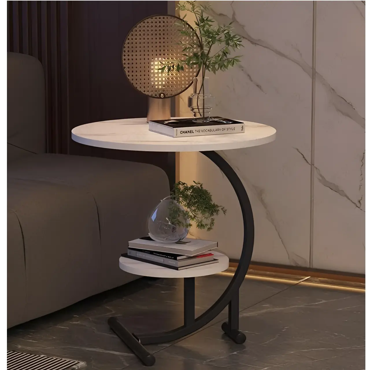 Masă de cafea rotundă, 2 blaturi din MDF, marimi diferite, pentru living, Alb/Negru, 40/30 x 60 cm [4]