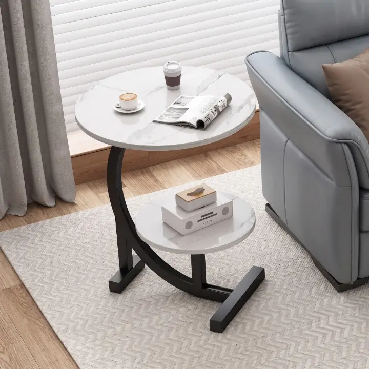 Mobila - Masă de cafea rotundă, 2 blaturi din MDF, marimi diferite, pentru living, Alb/Negru, 40/30 x 60 cm